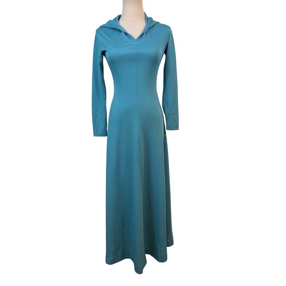 Vintage 70s Jody‎ of California Teal Blue Hooded Maxi Dress Long Sleeve Gown